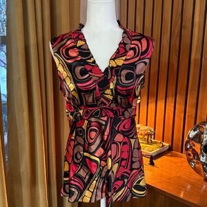 00s/Y2K Spense Womens Small Abstract Geometric Smocked V-Neck Sleeveless Blouse
